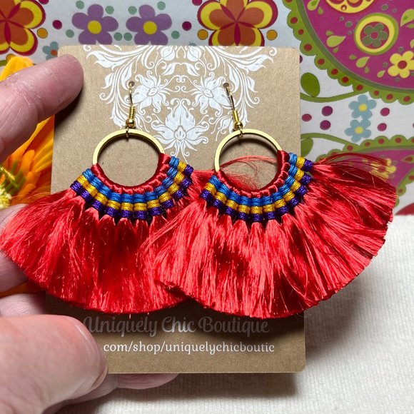 Med Fan Tassel Earrings Red Hoops Smooth Shiny Silky Fringe Drop Dangles - Picture 3 of 4